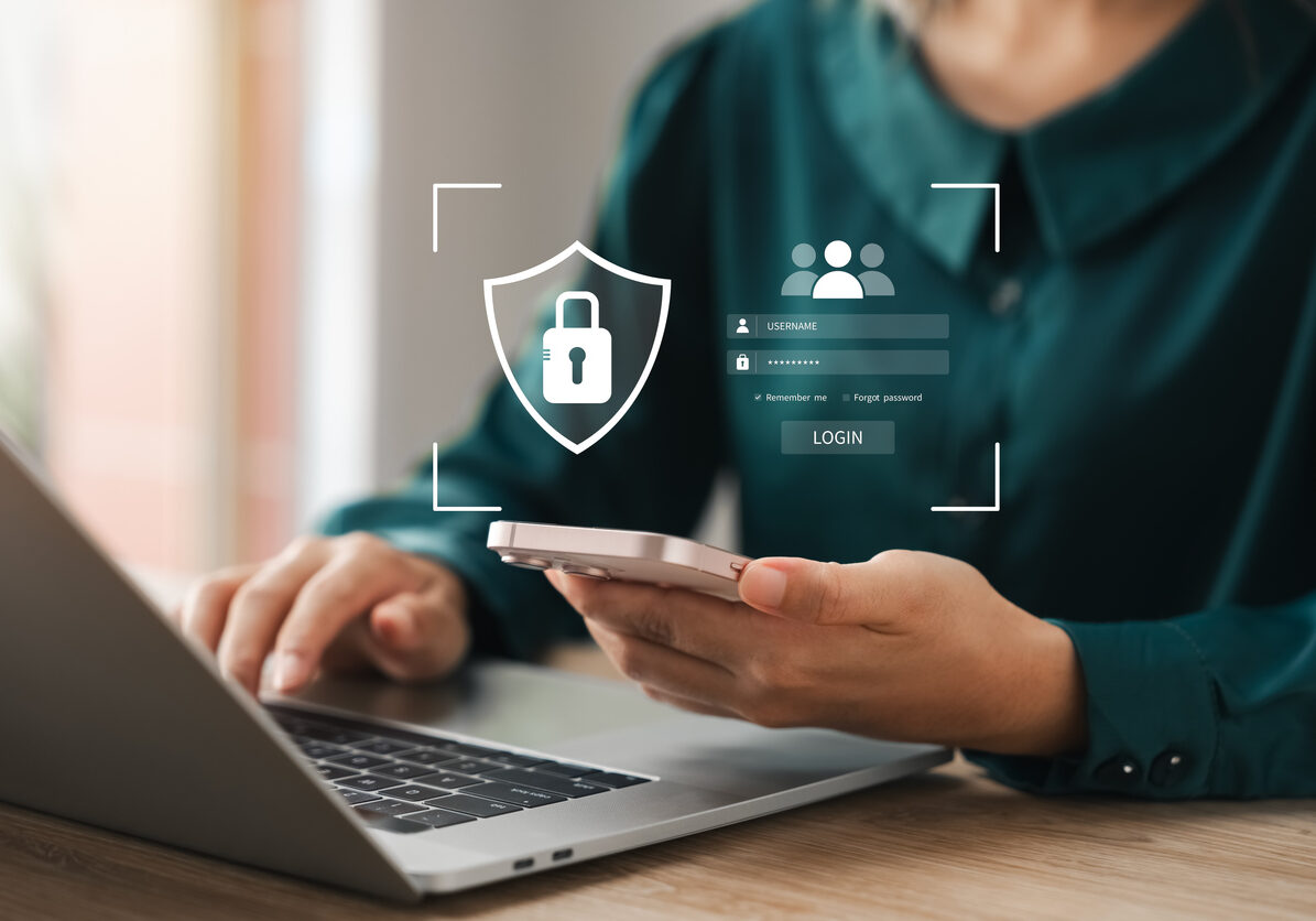 Cybersecurity and privacy concepts to protect data. Lock icon and internet network security technology. Businesswomen protecting personal data on smartphone virtual interfaces.