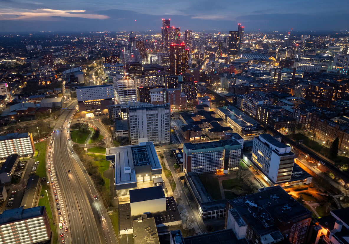 Manchester Skyline at twilight and Mancunian Way