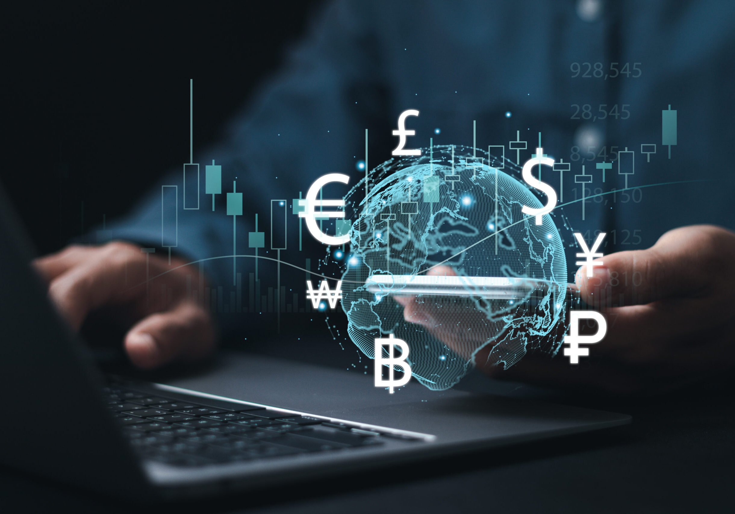 Online banking interbank payment concept. Businessman use smartphone with virtual global currency symbols for money transfers and currency exchanges between countries of the world.