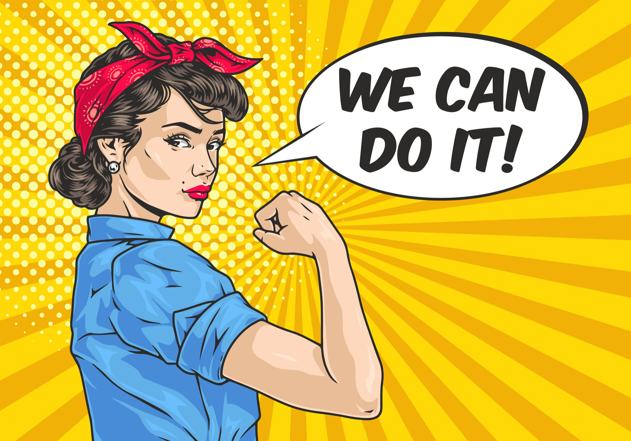Strong woman comics poster colorful with lady showing biceps on arm with words we can do it vector illustration