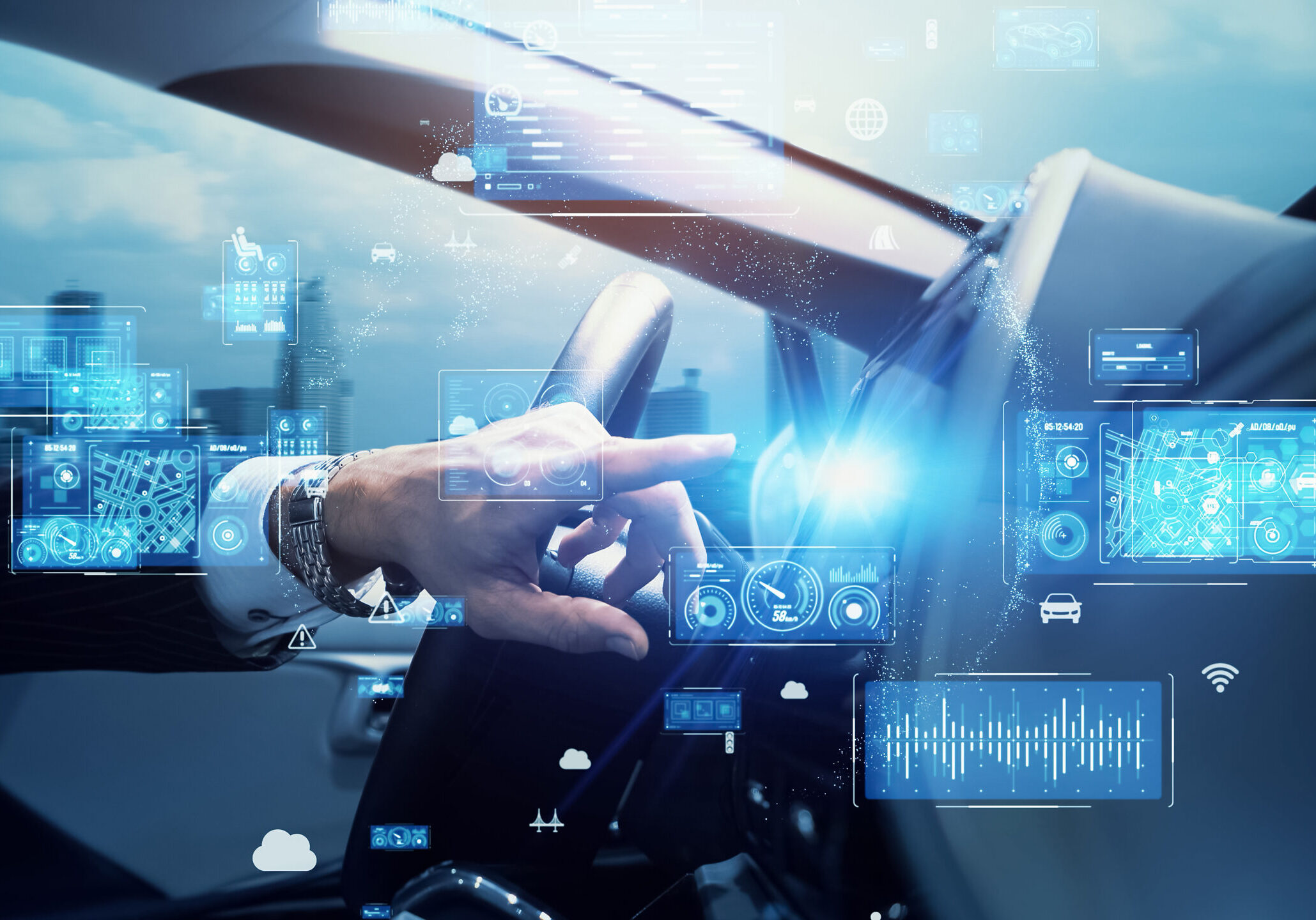 Cockpit of autonomous car concept.  Driver assistant system.