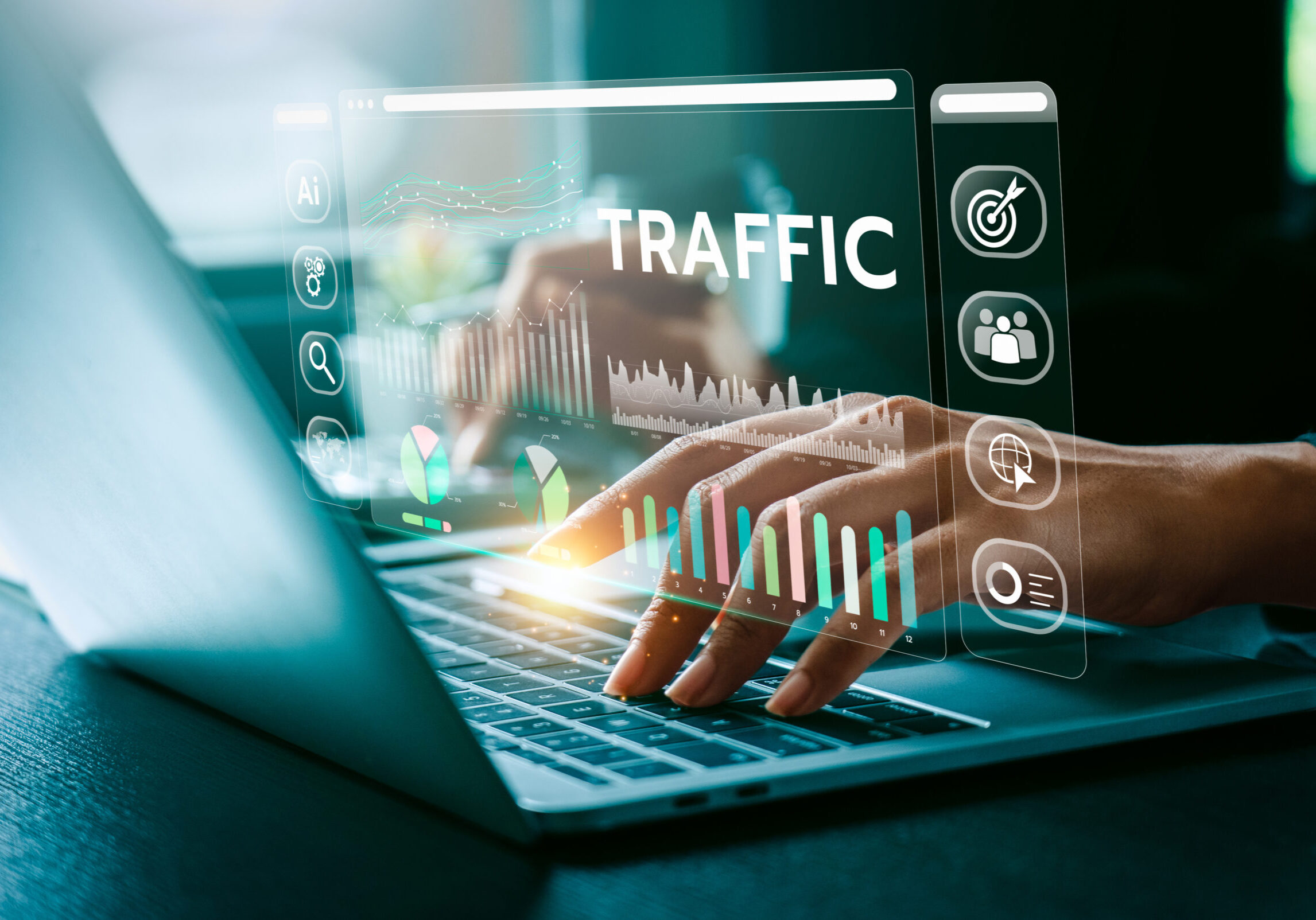 Advanced Digital Traffic Analysis, Business Professional Utilizing Cutting-Edge Technology and AI to Enhance Website Performance and User Engagement Through Detailed Data Insights, Strategic Planning