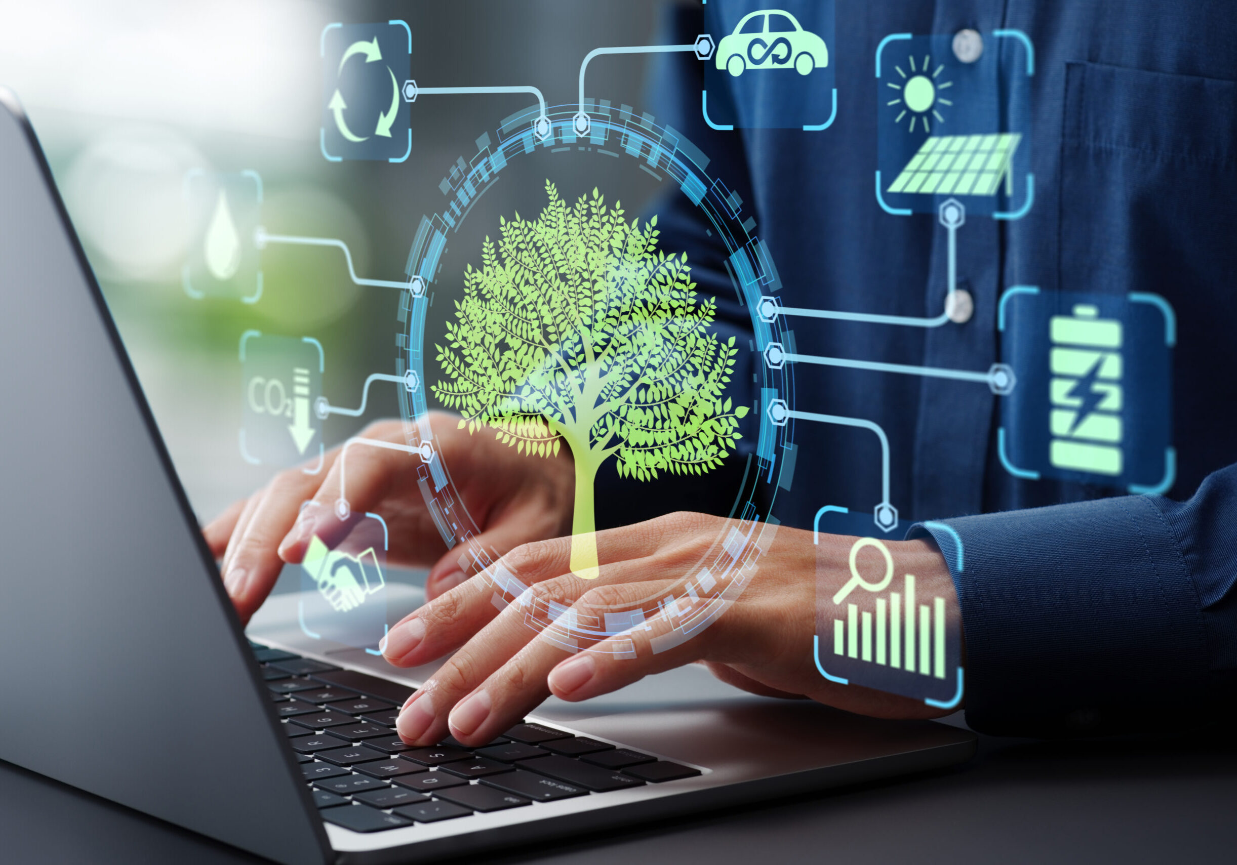 Carbon footprint reduction. Renewable energy sourcing and emissions trading. Businessman using laptop computer to manage net-zero strategy.