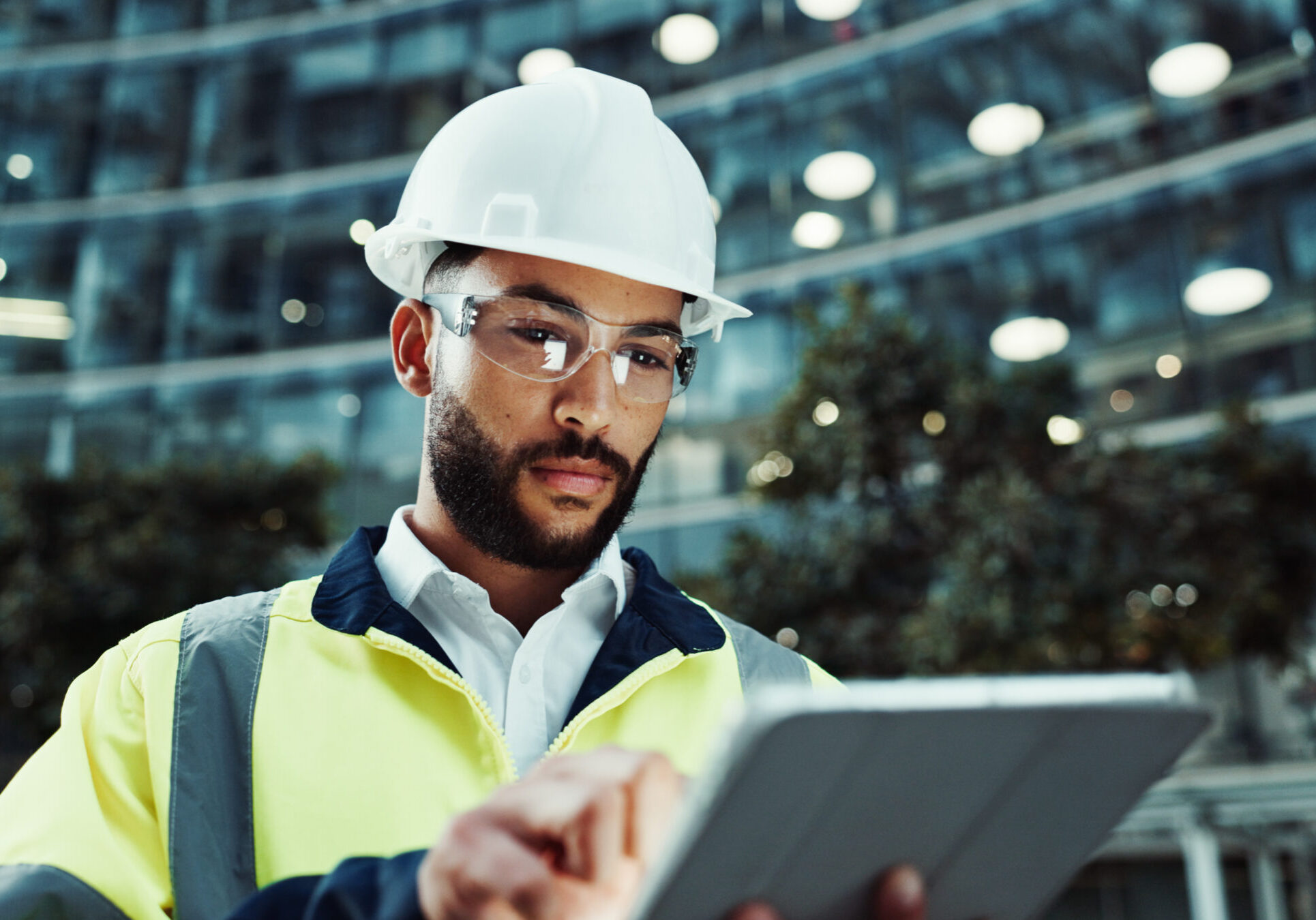 Tablet, civil engineer and man in city for building, development and planning at dawn. Technology, construction and architect outdoor for maintenance, safety inspection and infrastructure project