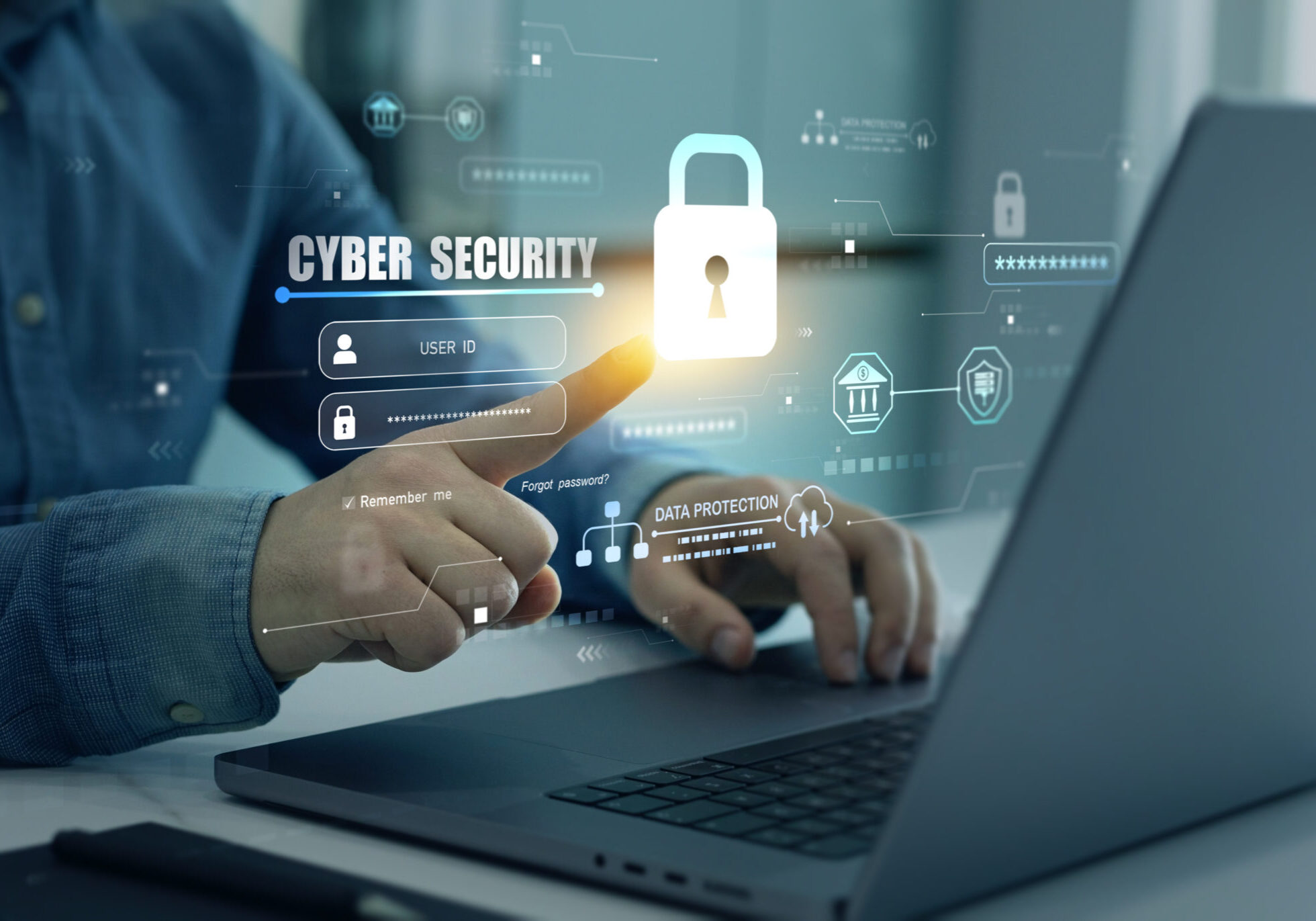 Protecting herself from cyber attacks and personal data.Protection data access.Cyber security protection concept.