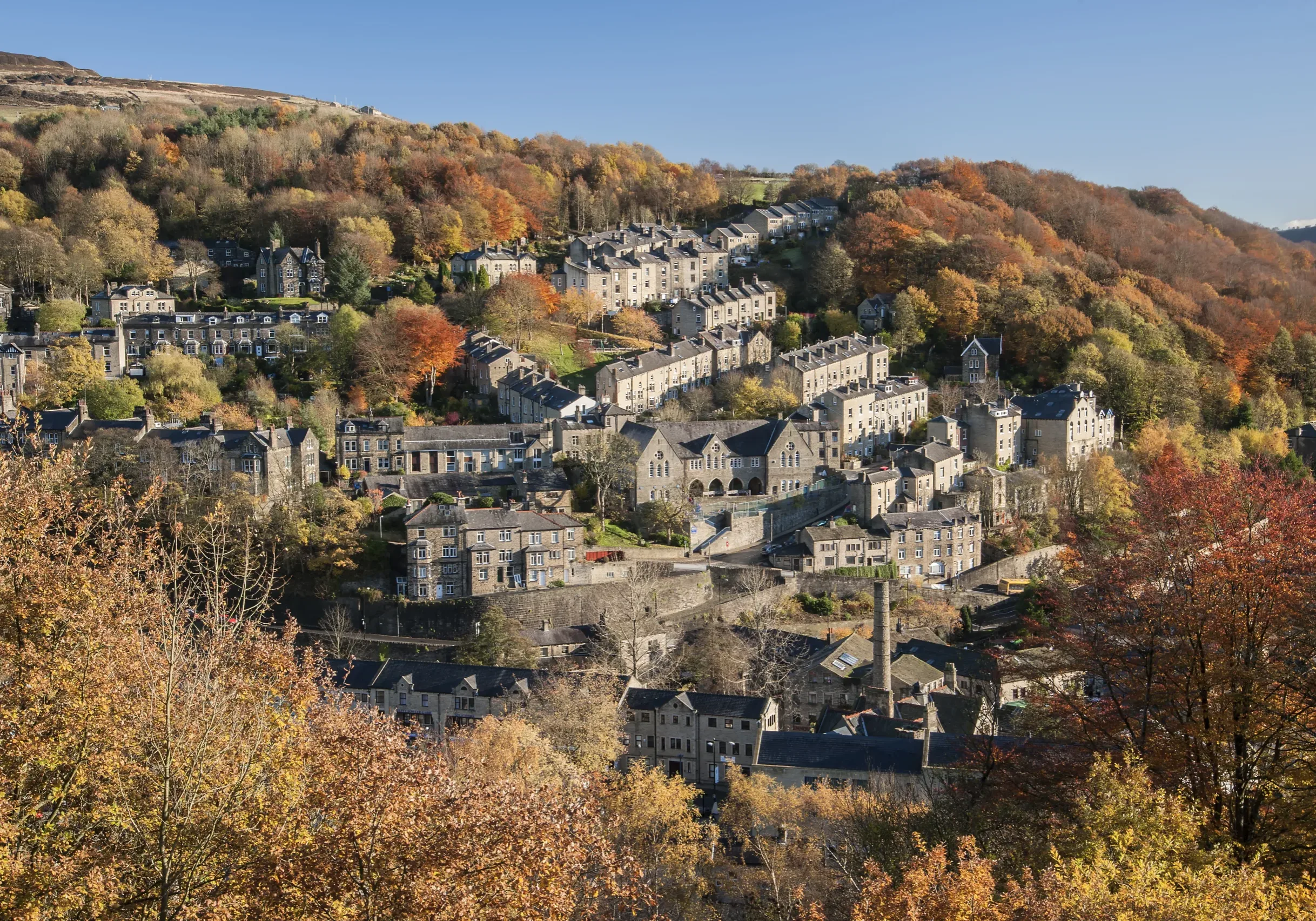 Popular tourist destination and highly ranked shopping town of Hebden Bridge in west Yorkshire know for it's arts festival and steep terraced housing