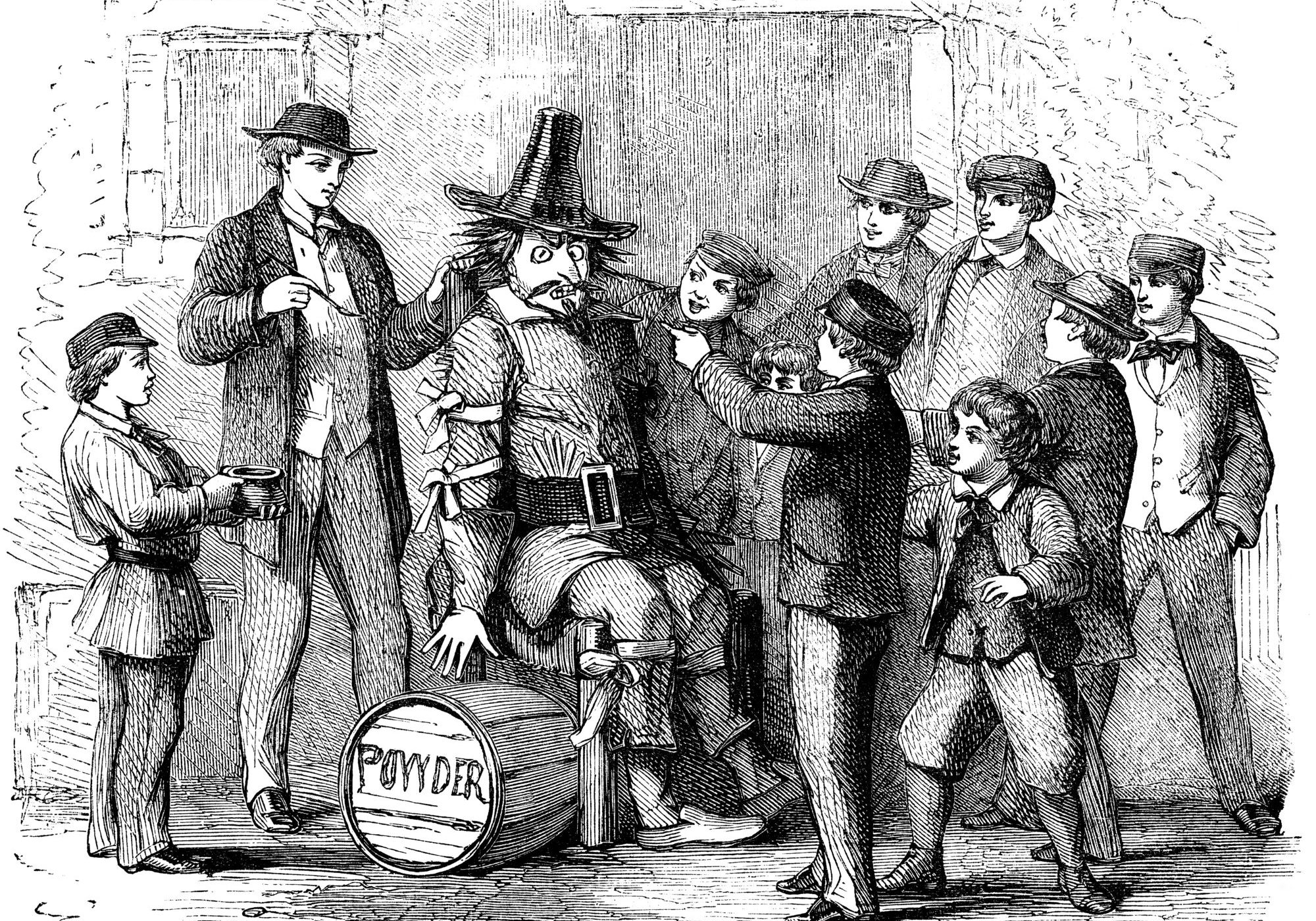 An engraved illustration image of boys with a Guy Fawkes dummy preparing to celebrate the 5th of November Gunpowder plot on Bonfire Night from a Victorian book dated 1870 that is no longer in copyright