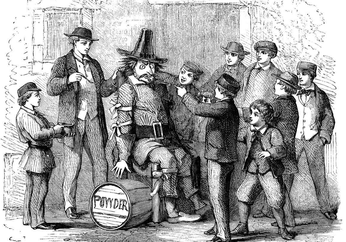 An engraved illustration image of boys with a Guy Fawkes dummy preparing to celebrate the 5th of November Gunpowder plot on Bonfire Night from a Victorian book dated 1870 that is no longer in copyright