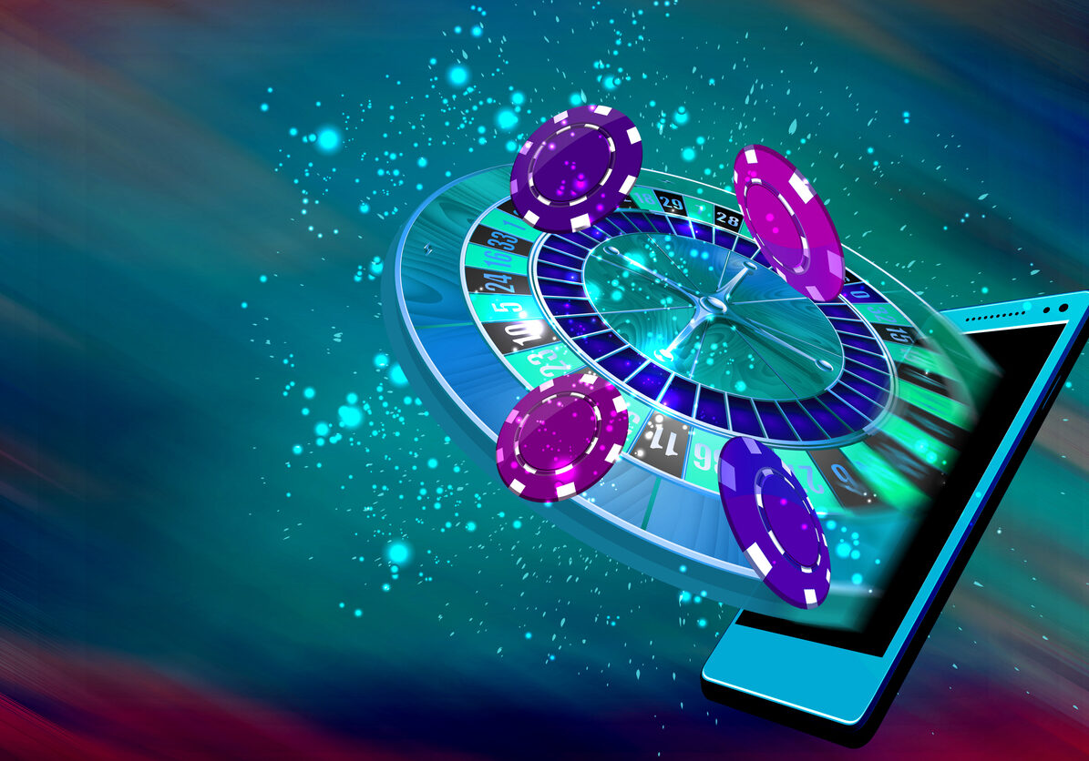 Mobile casino or roulette and casino coins flying out from a mobile
