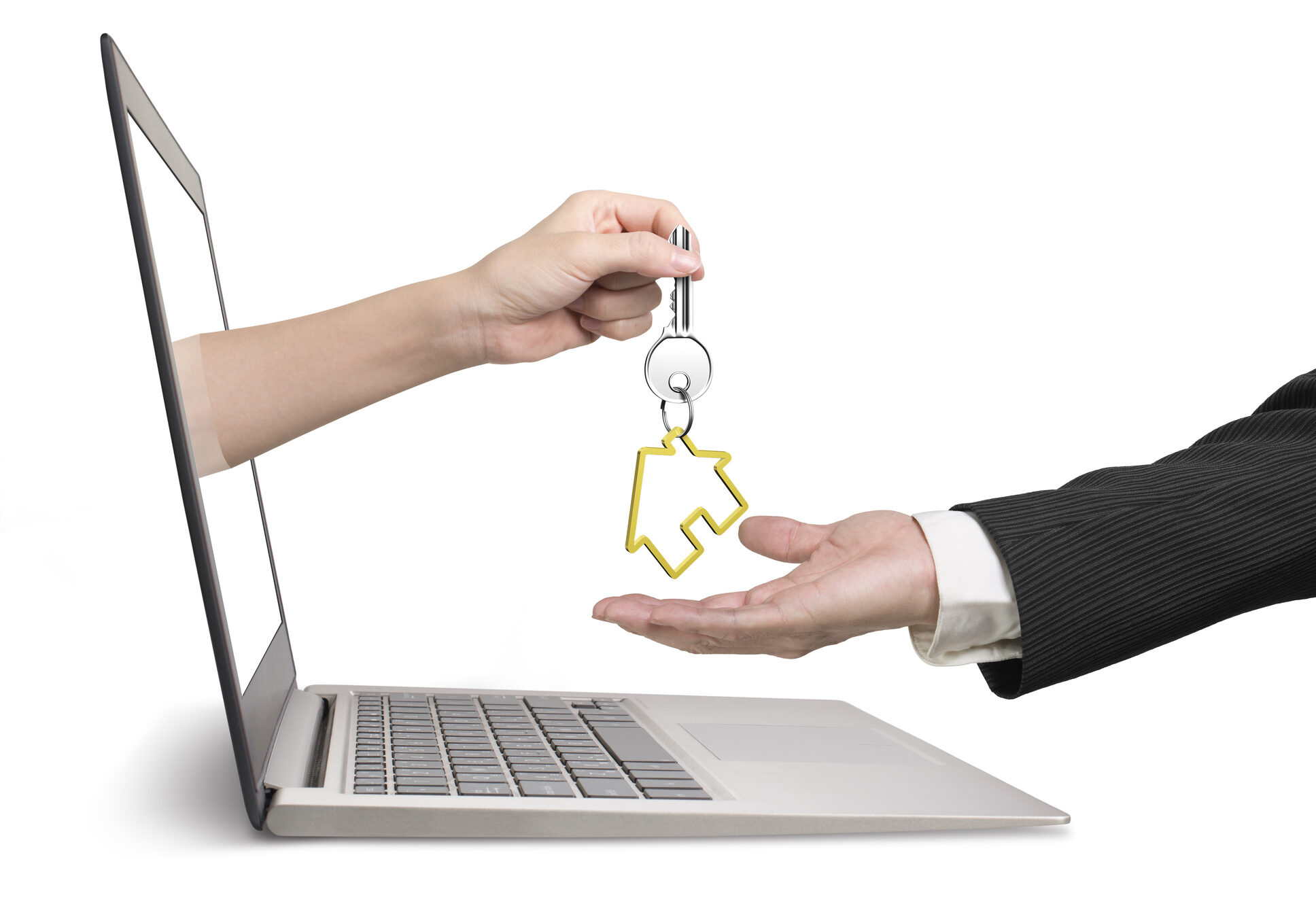 Woman hand from laptop screen giving house key to man hand, real estate online for sale or for rent.