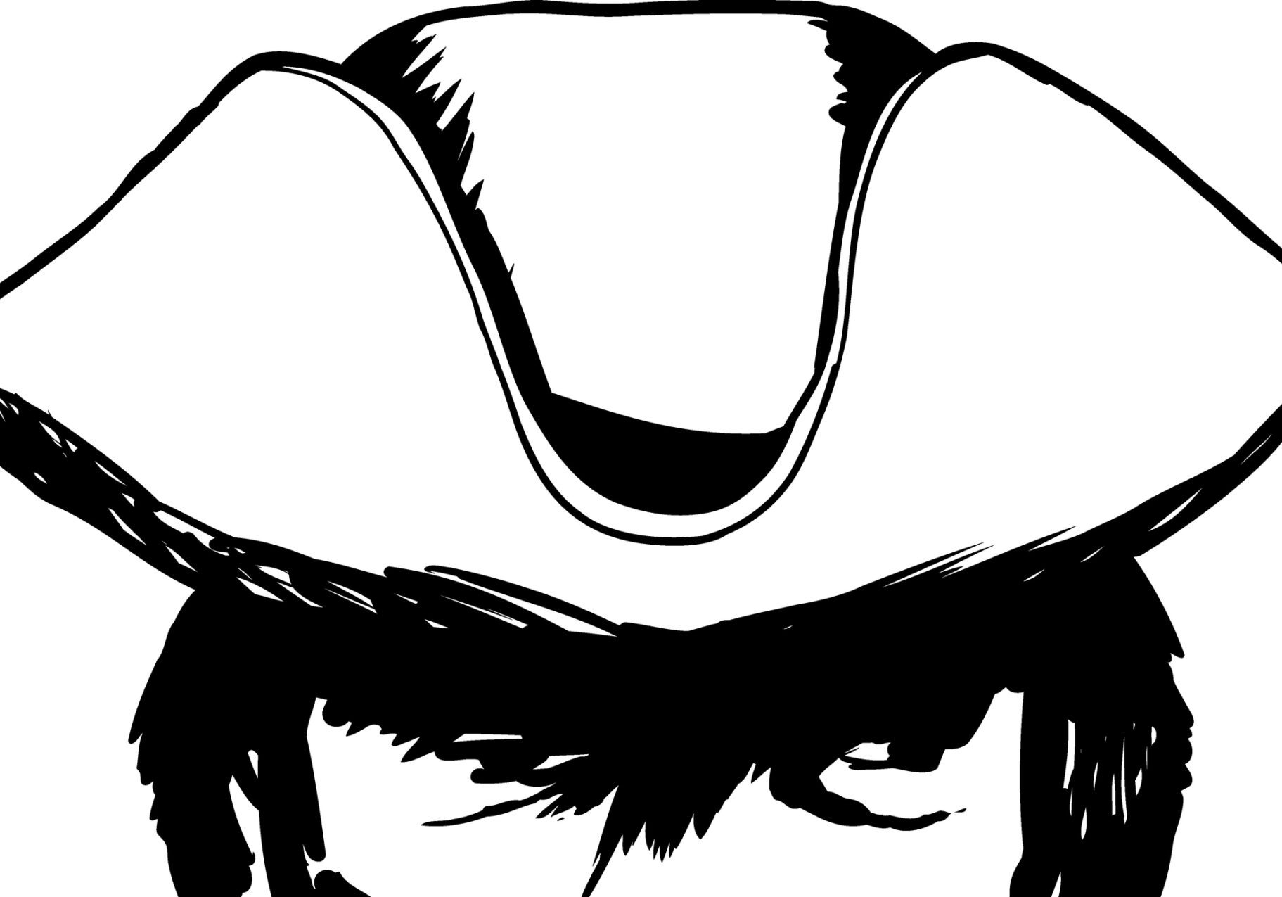 Outline sketch of eyes on face in partial shadow of tricorn hat