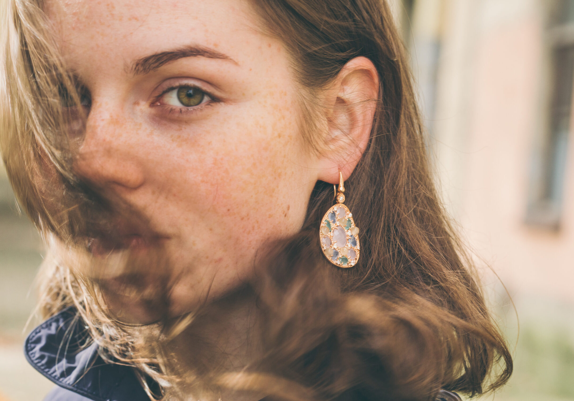 Beautiful woman face portrait freckles street city fashion nature