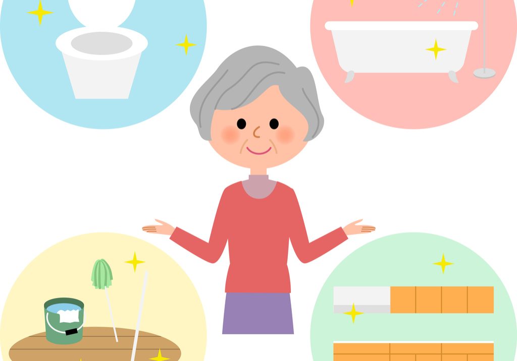 Various cleaning and illustration of an elderly woman.