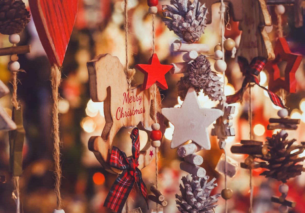 merry christmas, cute festive decoration close up, beautiful toys for new year