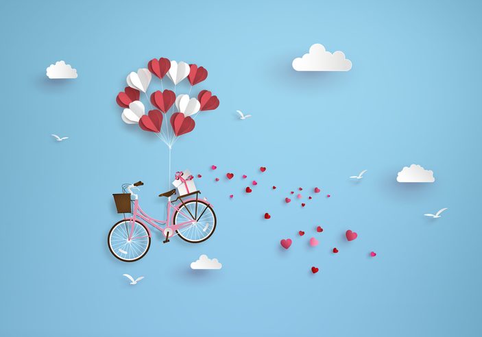 Illustration of love and valentine day, balloon heart shape hang the pink bicycle float on the sky.paper art style.