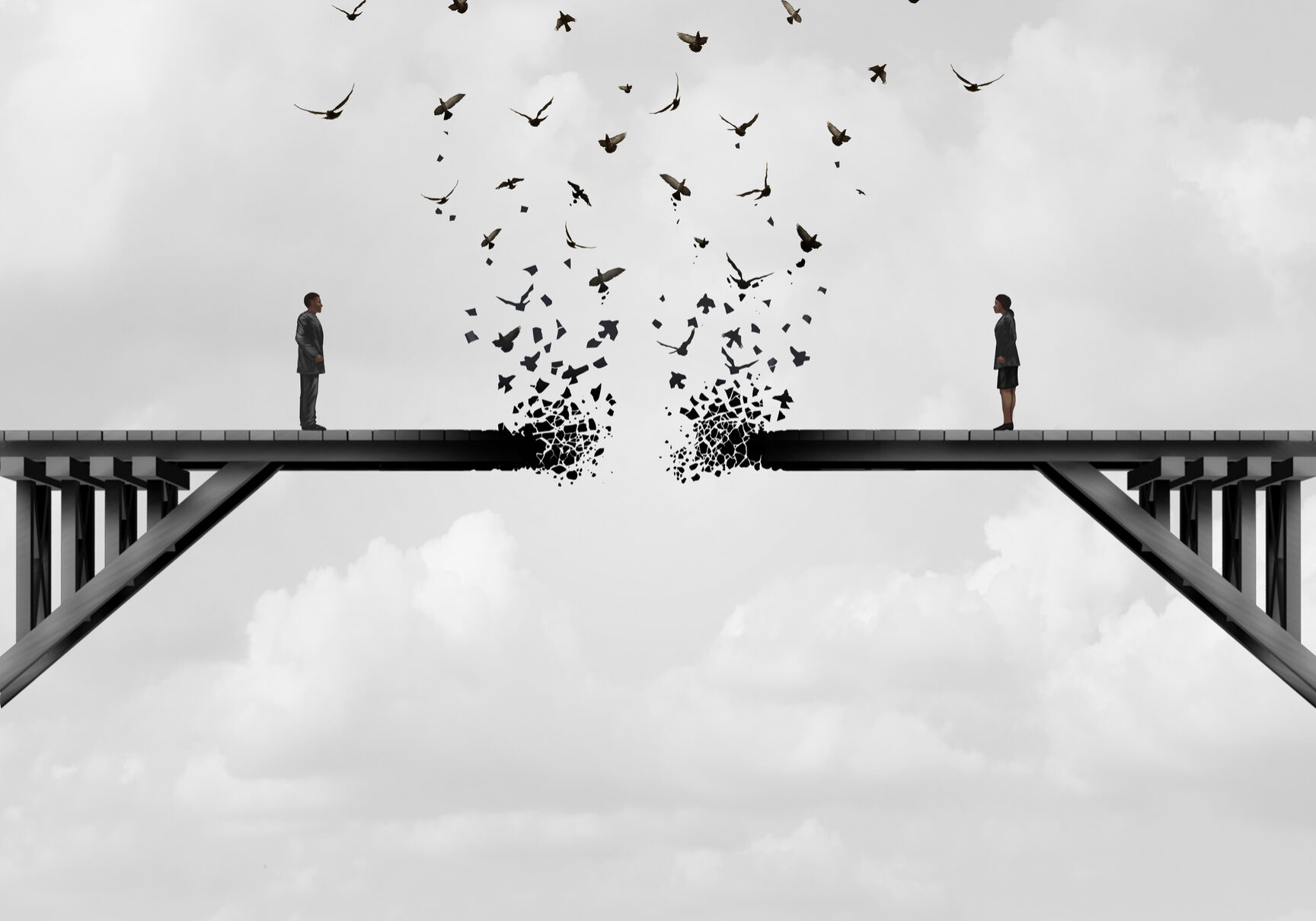 Divorce and separation as a couple on a broken fading bridge flying away as a divided relationship concept with 3D illustration elements.