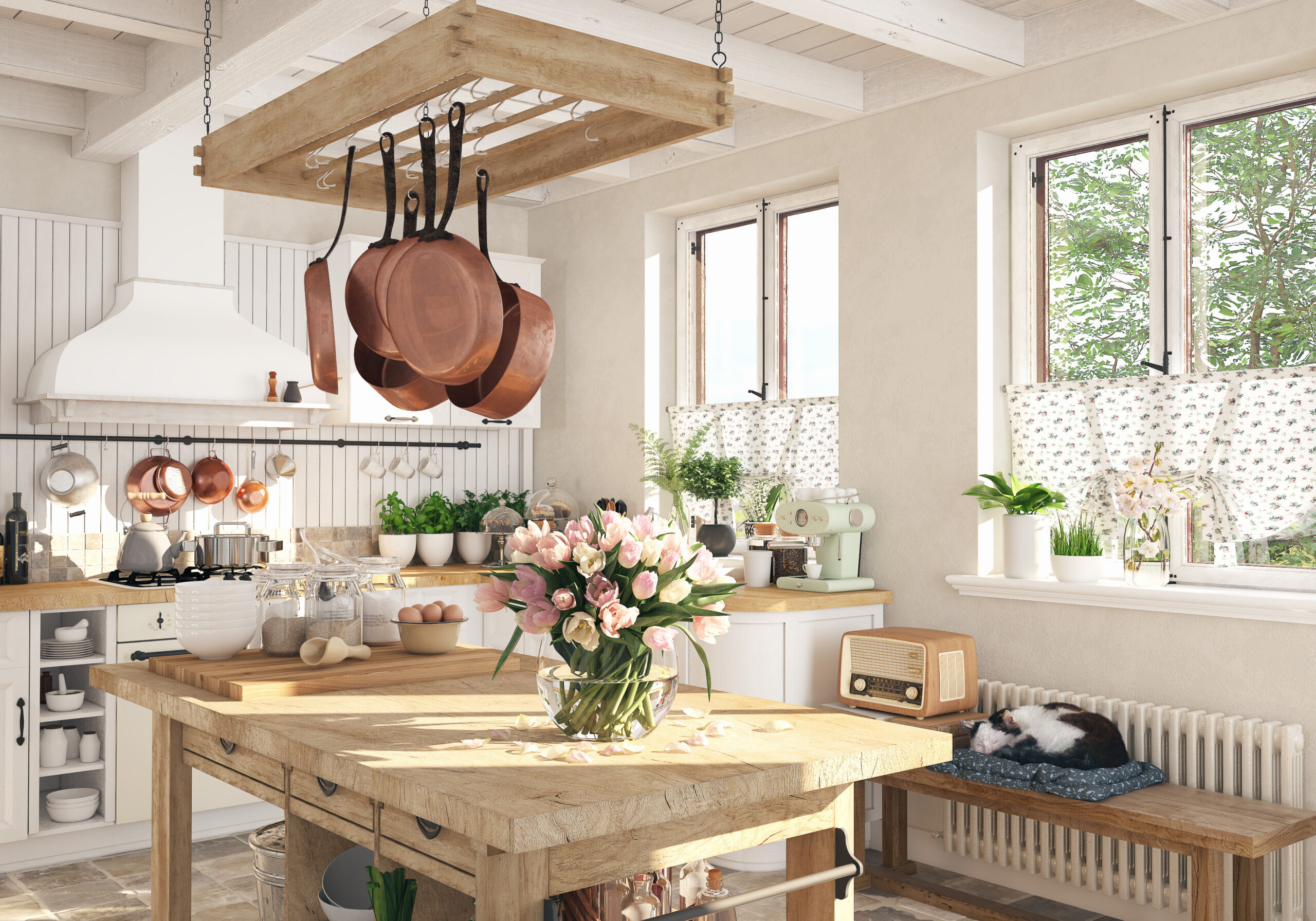 3D RENDERING. retro kitchen in a cottage with sleeping cat.