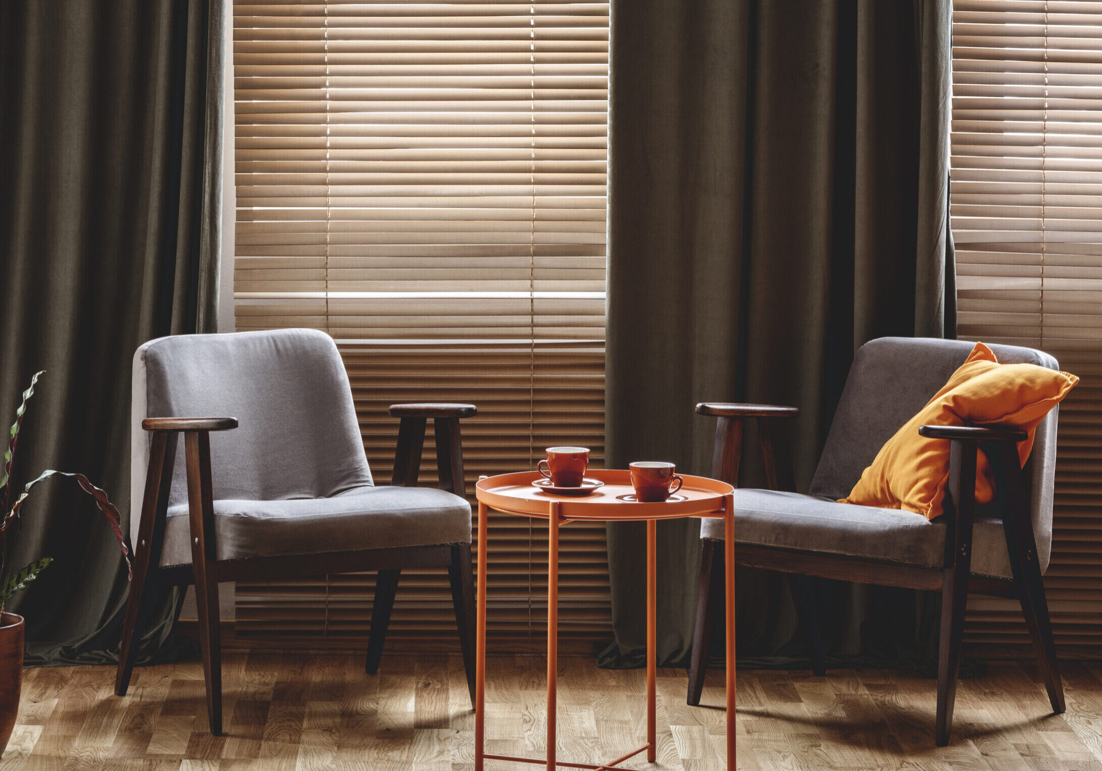 Vintage armchairs, orange coffee table with two cups, plants standing by the window with curtain and blinds in a living room interior