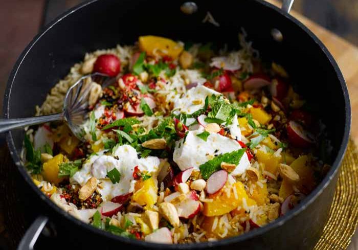 Radish and butternut pilaf with almonds and greek yogurt